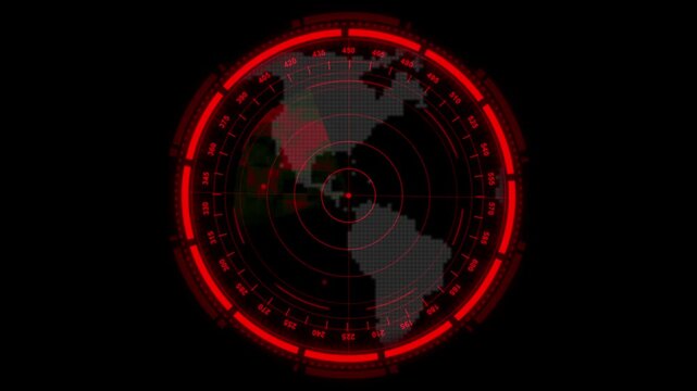Radar display animation with red pixel map. Radar display global target tracking. Radar display digital technology interface graphic.