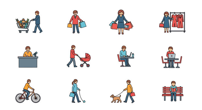 Diverse collection of illustrated icons depicting people engaged in various everyday activities and hobbies, showcasing lifestyle and consumerism
