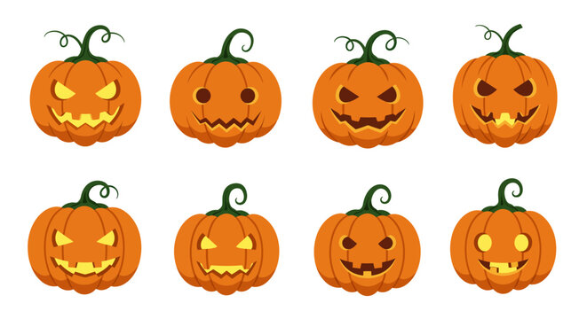 Collection of illustrated Halloween pumpkins with various carved spooky faces, perfect for seasonal decorations and festive designs