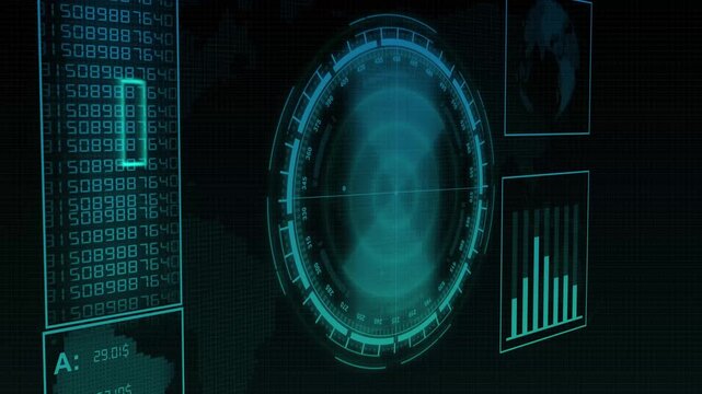Digital interface animation with radar data. Digital interface futuristic data streams. Digital interface technology hud graphic on black.