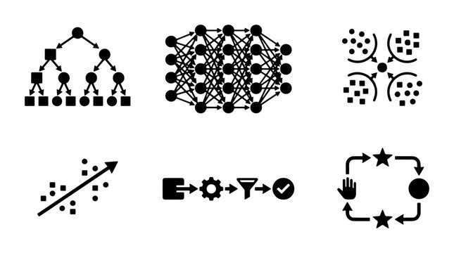 Machine Learning Icons Set, Data Science Algorithms, Neural Network and Decision Tree Vector Graphics, AI Concepts, Data Visualization