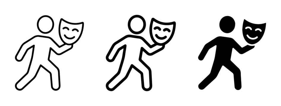 Actor Holding Comedy Mask Icon, Performance Symbol, Theater and Drama Representation, Acting and Emotion Concept, Simple Line Art and Silhouette