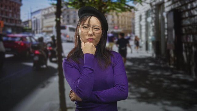 Woman wearing glasses and beret with hand to chin in a purple sweater on a city street, subtle squint and crossed arm pose; thoughtful.