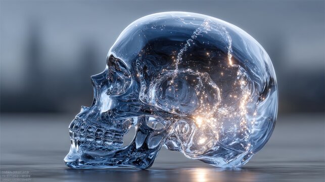 A transparent skull with illuminated neural pathways, city backdrop
