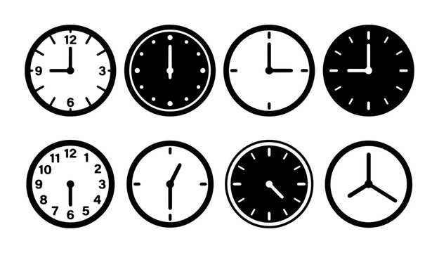 Set of 8 Minimalist Clock Icons, Time Symbols, Round Watch Faces, Analog Timepieces, Vector Graphics for Time Management and Scheduling Concepts