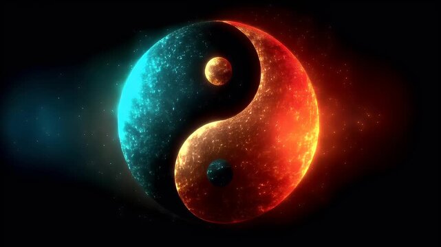 Yin Yang, Chinese philosophy, harmony, balance, Taoism. A digital artwork depicts a celestial scene featuring a yinyang symbol. The symbol is a representation of balance, harmony.