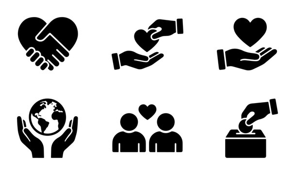 Charity and Support Icons: Hands, Heart, Globe, People, Donation Box, Vector Set for Social Causes