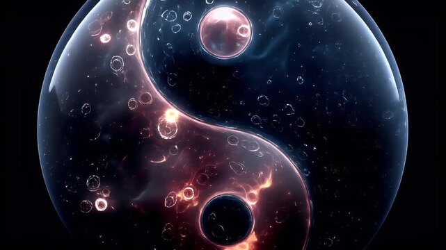 Yin Yang, Chinese philosophy, harmony, balance, Taoism. A digital artwork depicts a spherical, translucent sphere resembling a yinyang symbol. The sphere is filled with a gradient of colors.