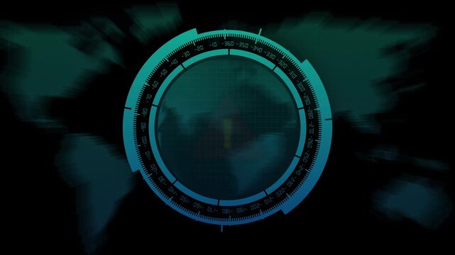 Radar interface animation with warning symbol. Radar interface world map overlay. Radar interface technology security graphic on black.