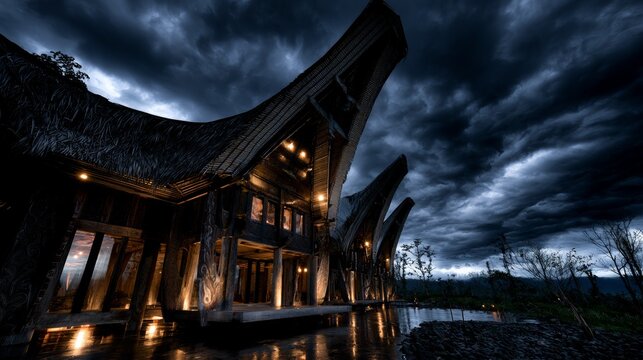 Dramatic tropical temple under stormy clouds at moody twilight