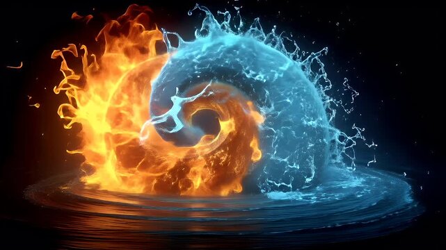 Yin Yang, Chinese philosophy, harmony, balance, Taoism. A vivid depiction of a fiery, swirling vortex of water. The vortex is engulfed in flames.