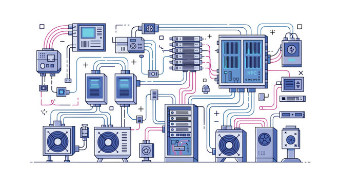 A complex technical diagram illustrating a high performance computing system with intricate wiring and cooling fan components on a white background in blue tones.