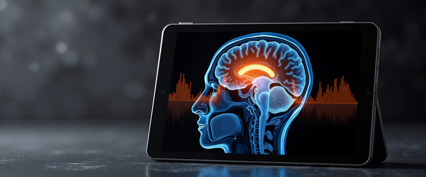 Brain scan displayed on tablet with correlation graph concept of Biostatistics  