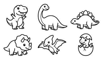 Cute baby dinosaur cartoon characters vector illustration set bold black and white outline for KDP coloring book and stickers of T-Rex and Triceratops © GULSHAN