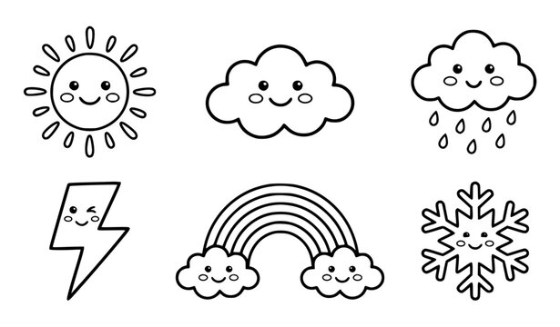 Cute weather symbols cartoon characters vector illustration set bold black and white outline for KDP coloring books and stickers of sun cloud and rainbow