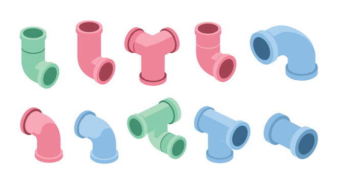 Assorted isometric pipe connectors are displayed in soft pastel shades against a plain white background for clear engineering visualization and technical design.