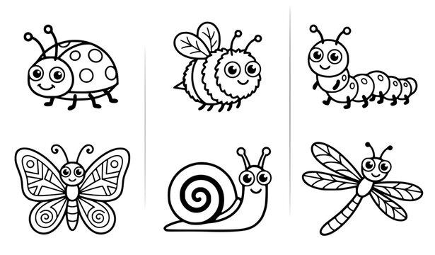 Kawaii garden bugs and insects vector illustration set bold black and white outline for stickers and KDP featuring ladybug bee and caterpillar