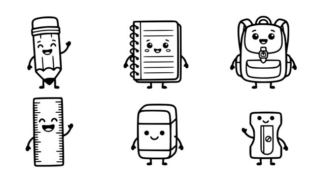 Cute school supplies cartoon characters vector illustration set bold black and white outline for KDP coloring books and stickers of pencil and notebook
