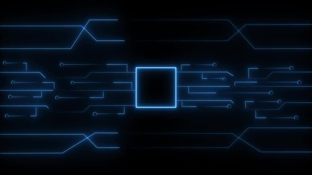 Circuit board animation with blue neon glow. Circuit board digital technology pattern. Circuit board abstract background on black.