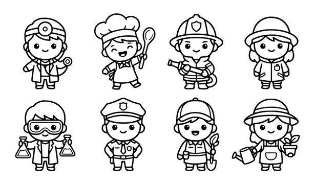 Cute professions cartoon characters vector illustration set bold black and white outline for KDP coloring book and stickers of doctor chef and scientist