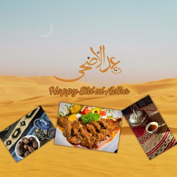 vector illustration of an eid ul adha e-card showing a desert, moon, meat plate , dates , a cup of qehwa and eid greeting.