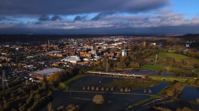 Aerial panoramic view of Burton upon Trent during flood season