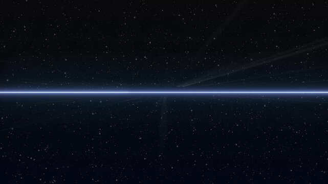 Horizon line animation in starry space. Blue horizon line abstract galaxy. Horizon line digital space background on black.