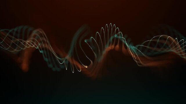 Abstract glowing frequency waves flowing neon oscillation lines. Dynamic sound amplitude orange and cyan tones dark background. Vibrant audio signal landscape music visualizers technology loops