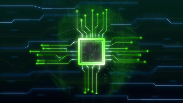 Microchip animation with green digital globe. Microchip futuristic technology data. Microchip global circuit graphic on black background.