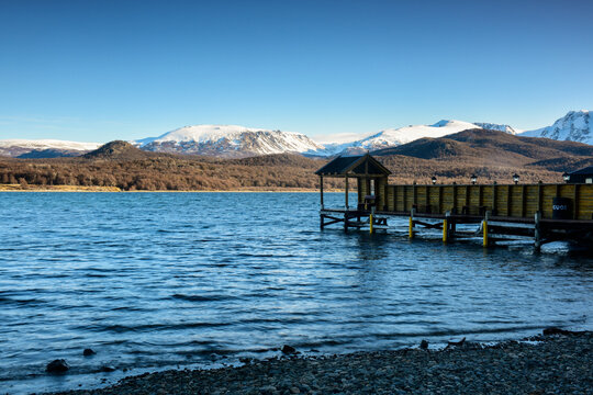 Pier on Lake La Plata , La Plata Lake, Huente Co, Chubut Province, Patagonia, Argentina.