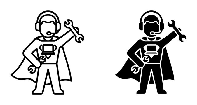 Superhero Tech Support Icon, Computer Repair Service Character, IT Helpdesk Hero Vector Set