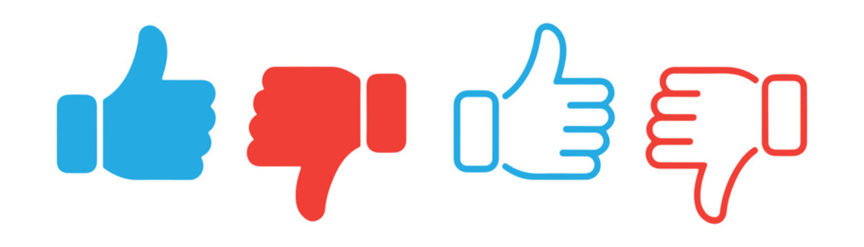 Set of like and dislike thumb icons with colorful blue and red solid and linear design variations.