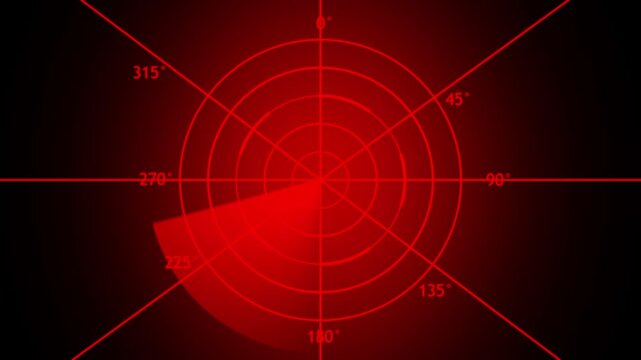 Red radar screen scanning animation, digital sonar interface background, for military and, tech projects