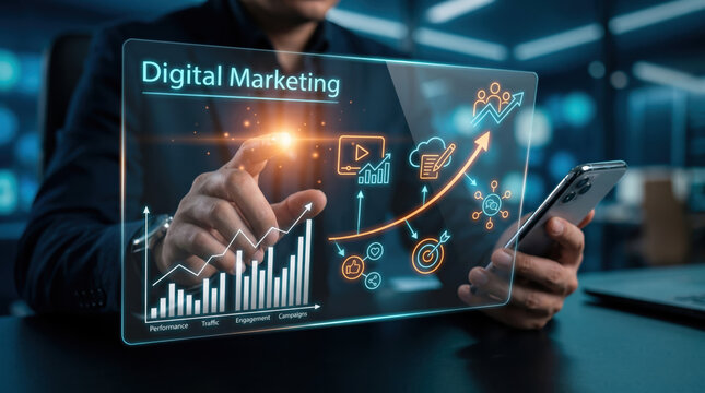 Digital marketing and business analytics concept featuring businessman using smartphone with virtual advertising dashboard, social media strategy tools, and online growth visualization