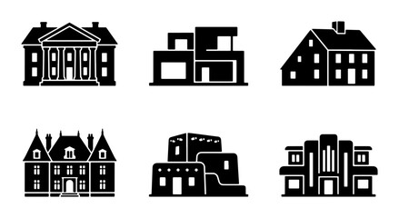 Fototapeta premium Modern and Classic Architecture Icons Set, Diverse Building Silhouettes Collection, Architectural Styles Vector Graphics for Design Projects