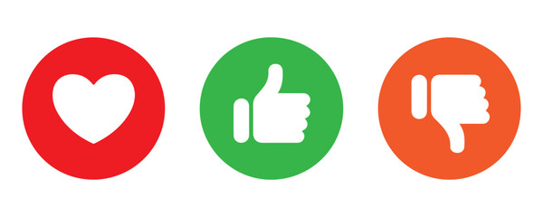 Colorful reaction icons featuring red heart green thumbs up and orange thumbs down circle icons. © Sumon