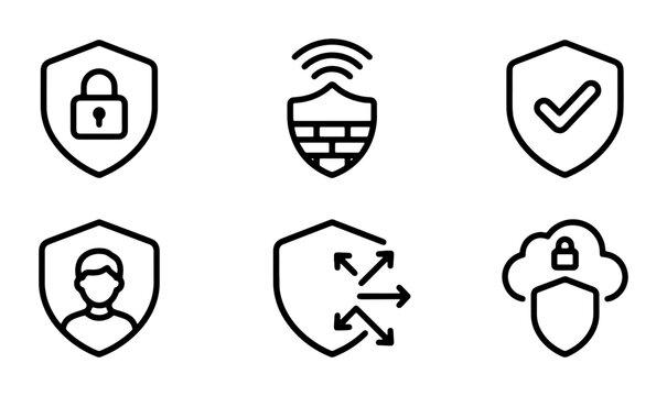 Cybersecurity Shield Icons Set, Digital Protection and Data Security Vector Graphics, Network Firewall and Cloud Lock Symbols, Secure Access and Privacy Concepts