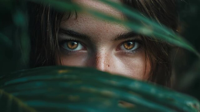 Close-Up Portrait of a Young Woman with Striking Eyes Surrounded by Lush Green Foliage Creating a Magical and Enigmatic Atmosphere