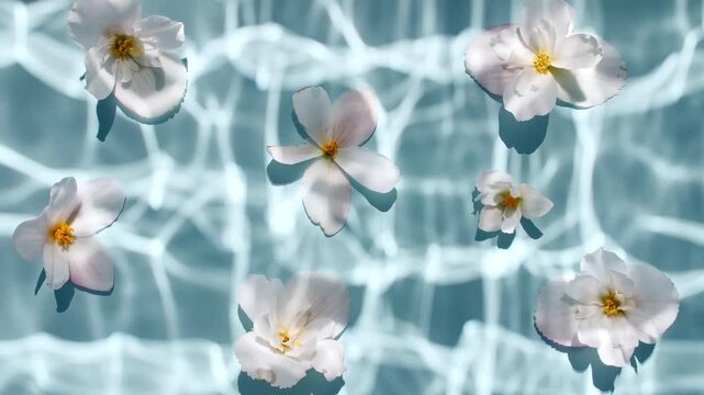 Chamomile and jasmine flowers and reflections sunlight in slow motion. Drop shadow effect with wave refraction of light. Sun and shadows. Layout for advertising goods, cosmetic products. 4k