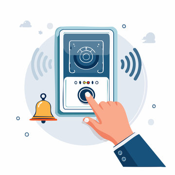 Hand pressing a doorbell button with a bell icon