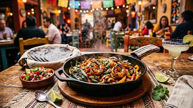 Sizzling cast iron skillet loaded with charred shrimp fajitas, blistered poblano peppers, served with blue corn tortillas and fresh pico.