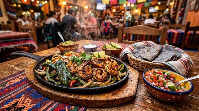 Sizzling cast iron skillet loaded with charred shrimp fajitas, blistered poblano peppers, served with blue corn tortillas and fresh pico.