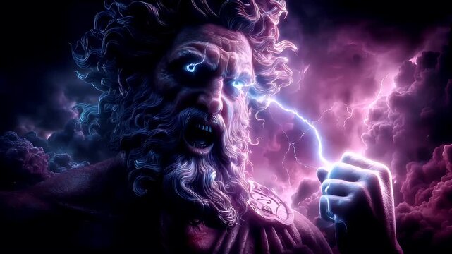 Greek mythology god Zeus. Fantasy. A vivid portrayal of a mythical figure, likely a deity or deity, set against a dramatic backdrop of swirling clouds and lightning. The figure has a long.