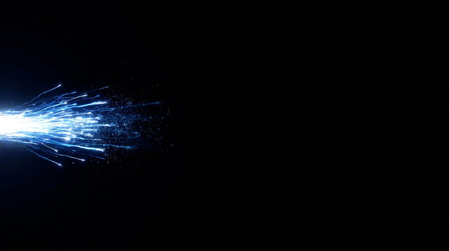 High energy pulsar gamma ray beams and white blue ionized particles emitting from the far left of a black studio background with silent copy space
