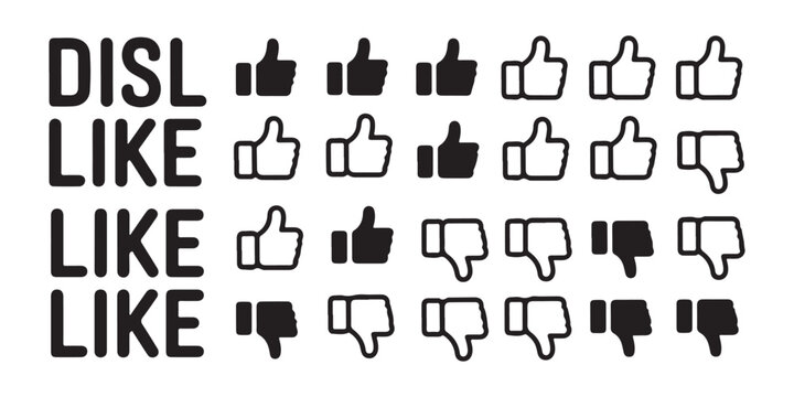 Text like and dislike with multiple rows of thumbs up and thumbs down solid and outline icons.