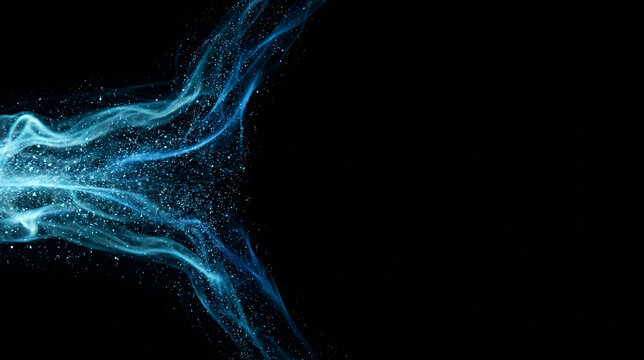 Comet tail sublimation jets and icy cyan gas trails with glowing dust particles concentrated on the far left of a black studio background with copy space