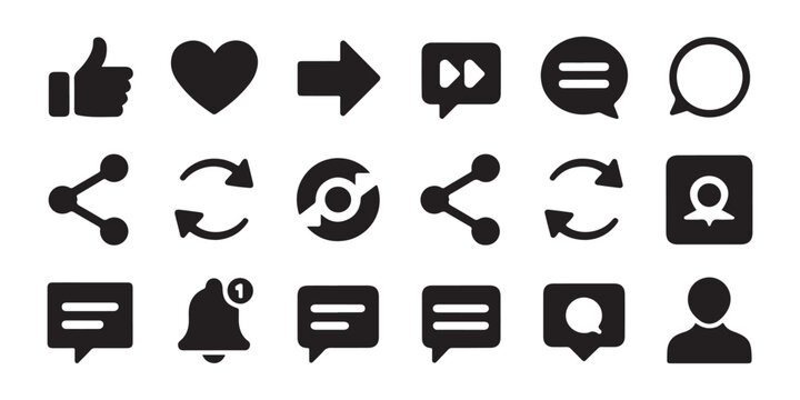 Digital communication icons featuring share repost message notification and user account elements.