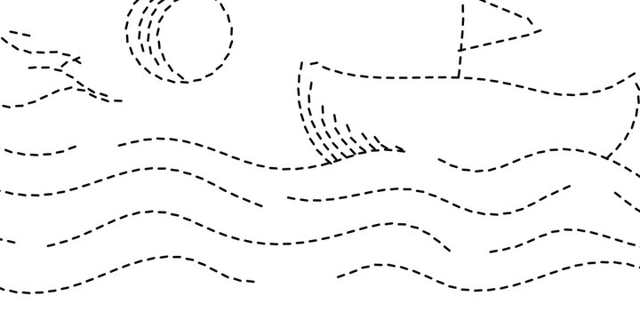 Dotted outline of a charming sailboat on gentle waves under a bright sun, an ideal graphic for kids' tracing, coloring, and stimulating imagination and early learning