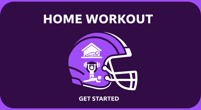Home Fitness Program with Illustrated American Football Helmet Icons on a Purple Background
