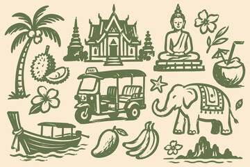 Naklejka premium Thailand Travel Icons Green Sketch Set Vector